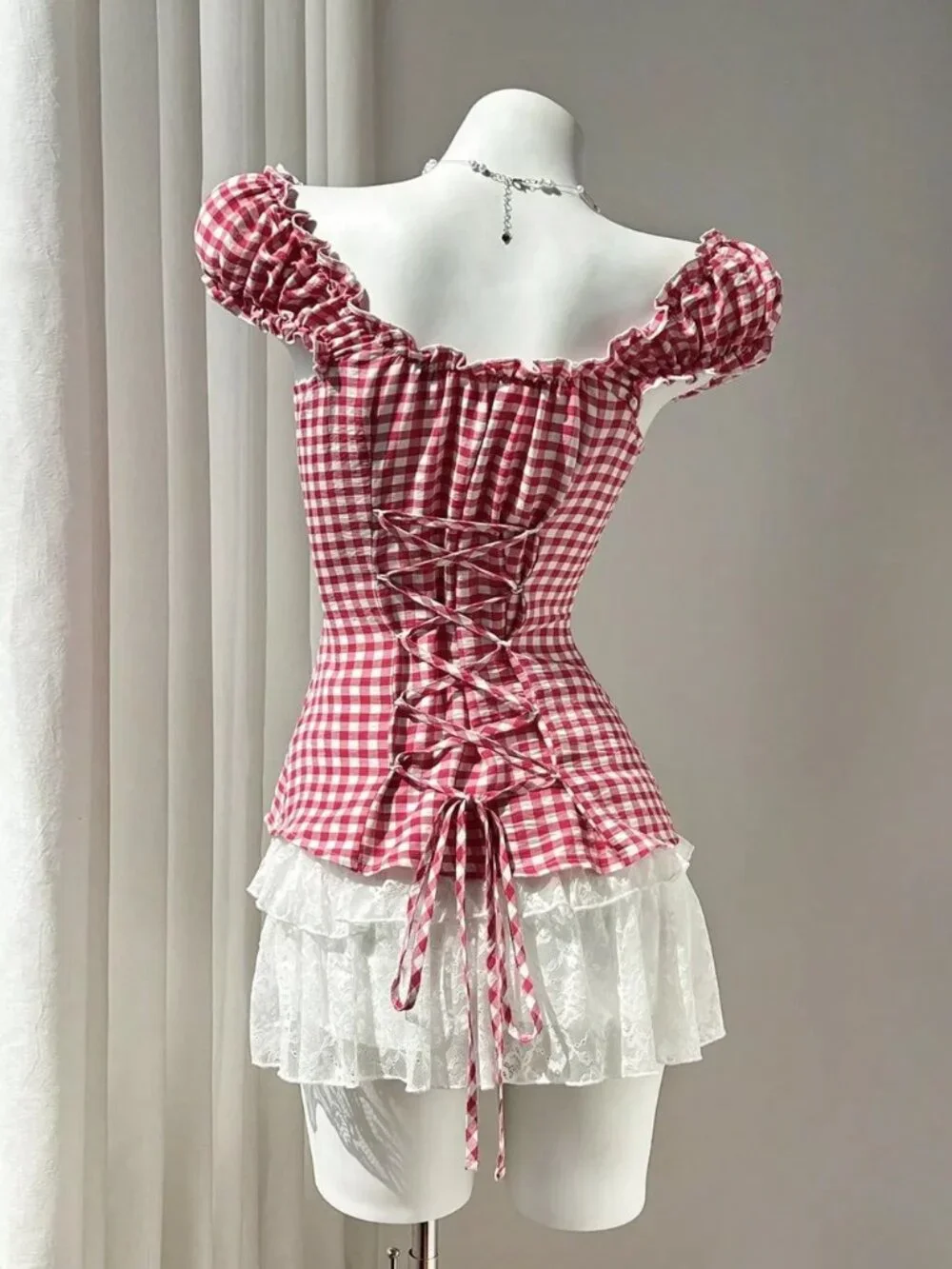 Frill Gingham Cap Sleeve Blouse